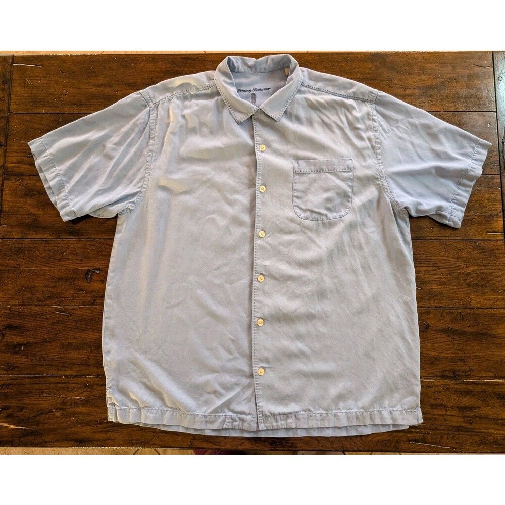 Tommy Bahama 100% Silk Camp Shirt Men's Large L/G Light Blue Solid Hawaiian